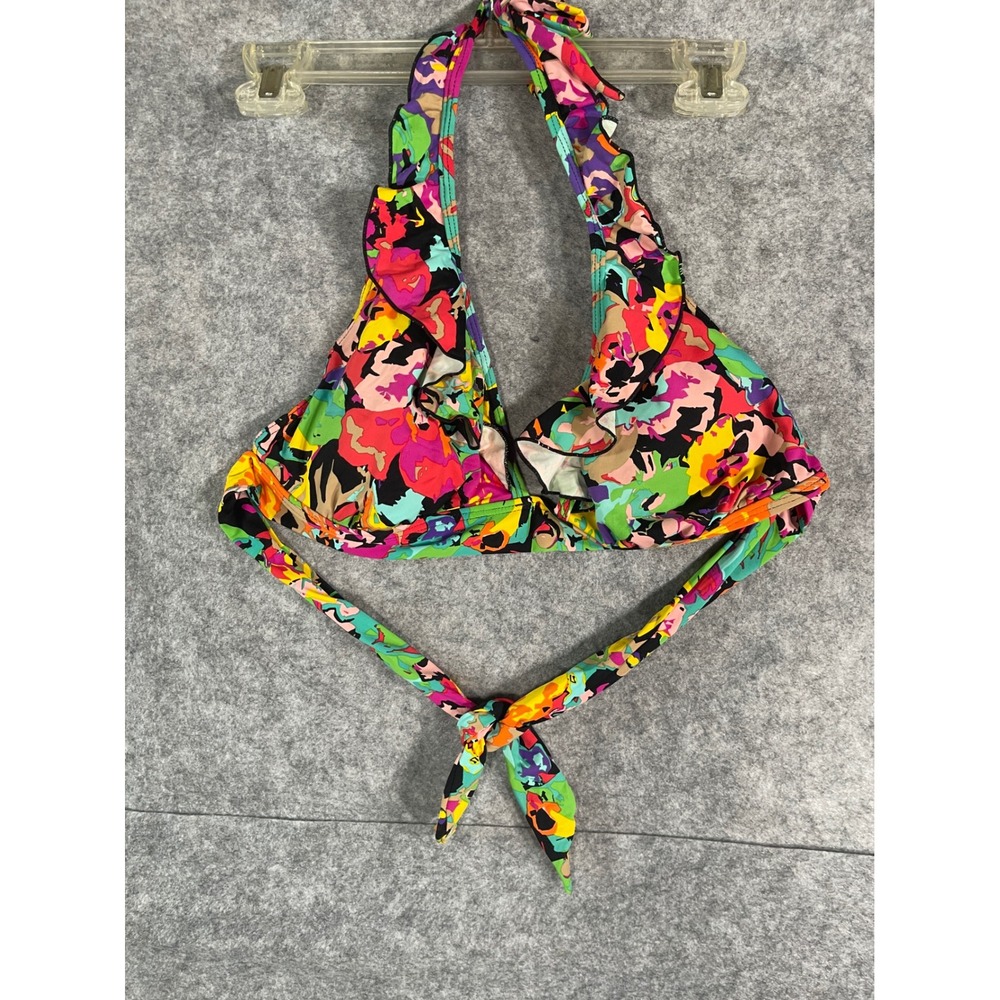 Multicolor Floral Ruffle Halter Bikini Top Abstract Print Swimwear Pink Yellow